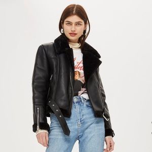 Topshop Faux Shearling Cropped Biker Jacket